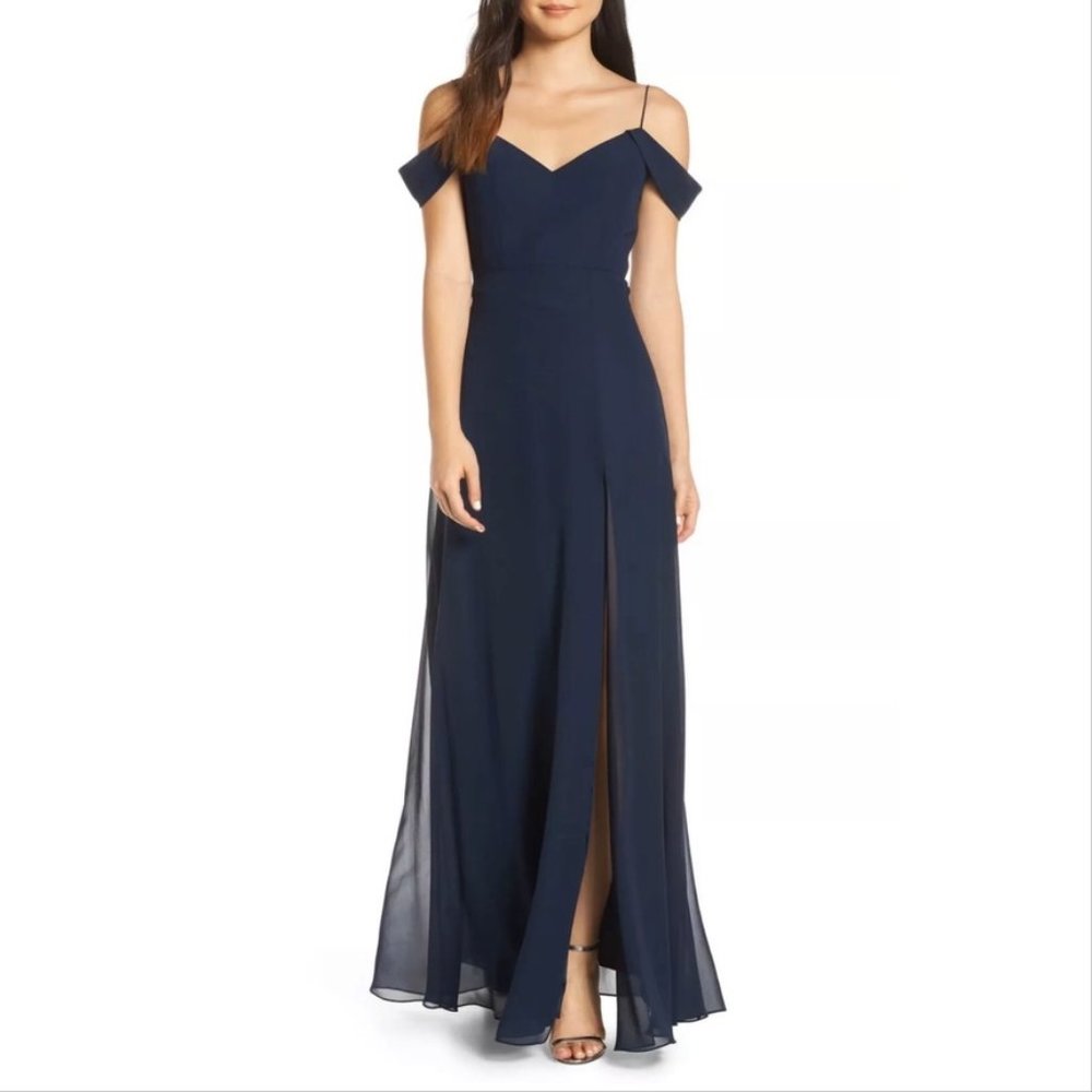 Jenny Yoo Priya Cold Shoulder Chiffon Gown